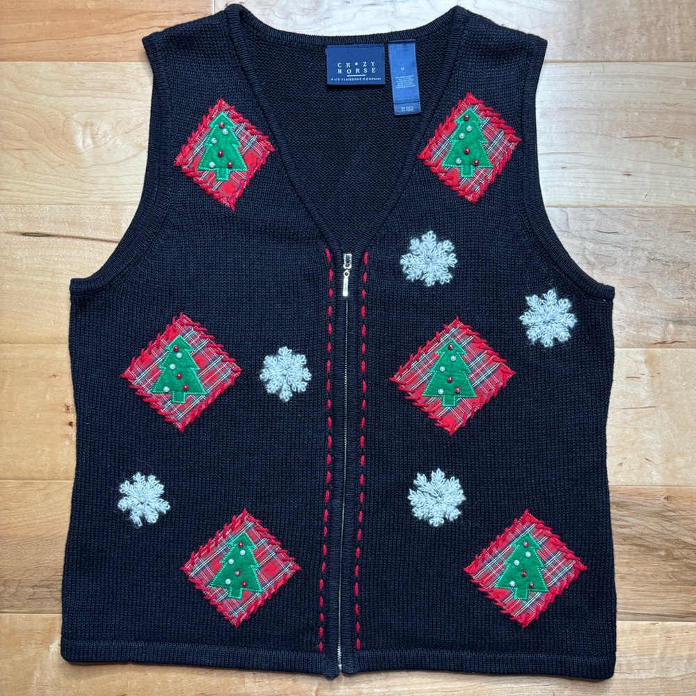 Vtg Crazy Horse Christmas Sweater Vest Women M Snowflakes Christmas Trees